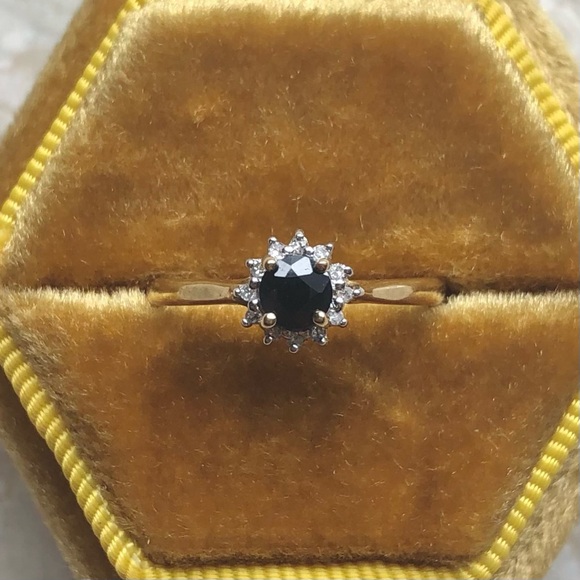 Sapphire Diamond Halo Vintage Yellow Gold Ring - Picture 1 of 11